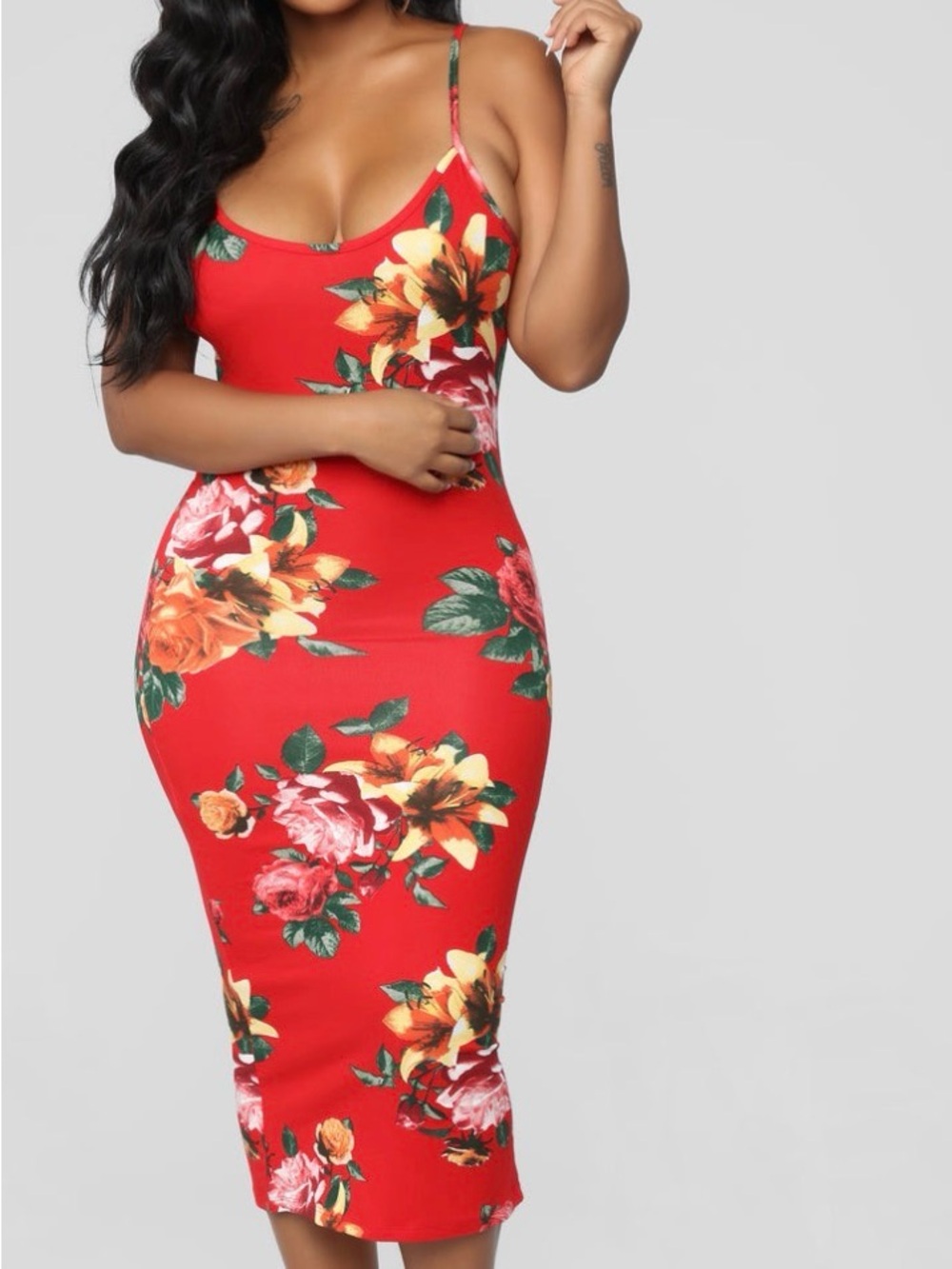 Floral Slip Midi Dress in Red
